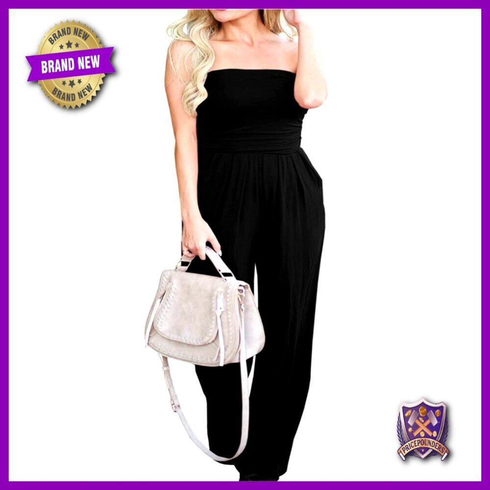 Strapless Off Shoulder Jumpsuit Romper with Pockets Wide Leg Loose Fit
